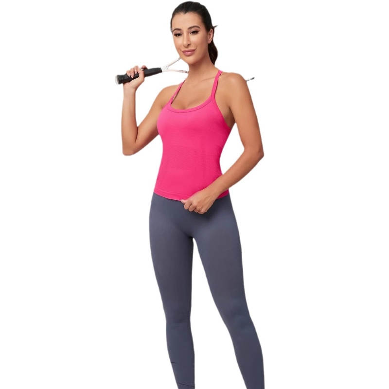 Ženski fitness top s integriranim grudnjakom, s vezicama, bezšivni, uski kroj, srednja duljina 50-65 cm