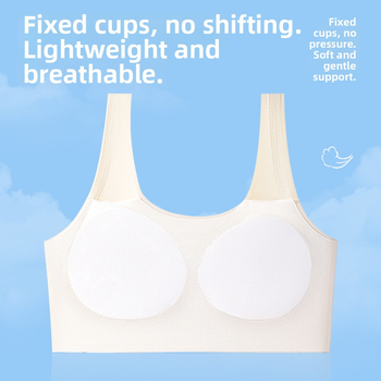 Mergaitėms augimo etapo sportinis liemenėlė be vielos, pilno puodelio, plonas formuojantis putų puodelis, nailono audinys su spandekso pamušalu, fiksuoti dvigubi petukai, kvėpuojantis ir drėgmę sugeriantis