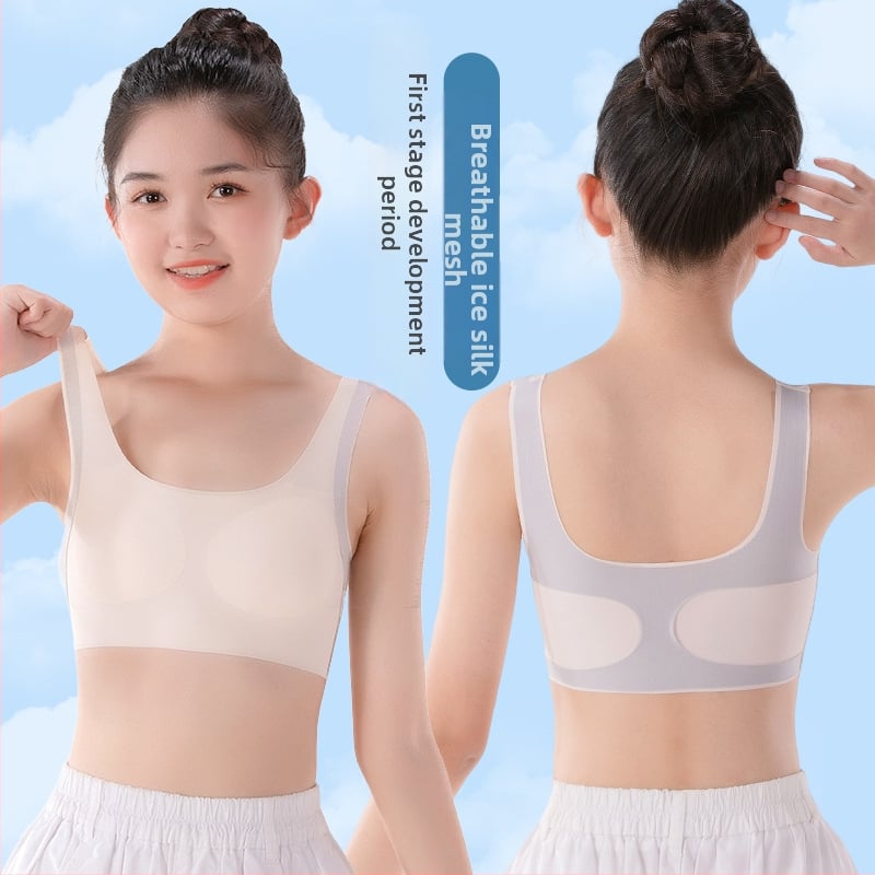 Mergaitėms augimo etapo sportinis liemenėlė be vielos, pilno puodelio, plonas formuojantis putų puodelis, nailono audinys su spandekso pamušalu, fiksuoti dvigubi petukai, kvėpuojantis ir drėgmę sugeriantis