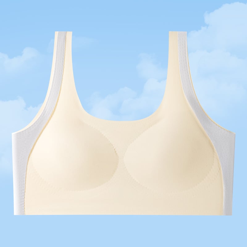 Mergaitėms augimo etapo sportinis liemenėlė be vielos, pilno puodelio, plonas formuojantis putų puodelis, nailono audinys su spandekso pamušalu, fiksuoti dvigubi petukai, kvėpuojantis ir drėgmę sugeriantis