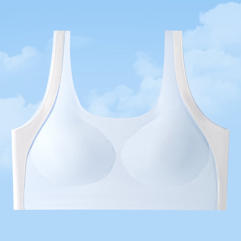 Mergaitėms augimo etapo sportinis liemenėlė be vielos, pilno puodelio, plonas formuojantis putų puodelis, nailono audinys su spandekso pamušalu, fiksuoti dvigubi petukai, kvėpuojantis ir drėgmę sugeriantis