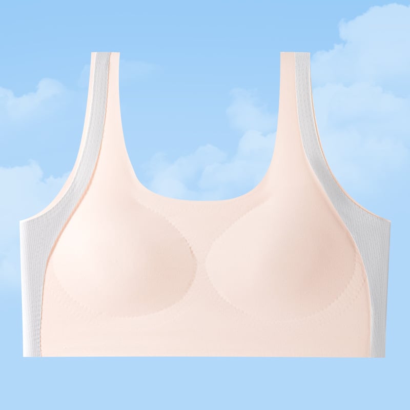 Mergaitėms augimo etapo sportinis liemenėlė be vielos, pilno puodelio, plonas formuojantis putų puodelis, nailono audinys su spandekso pamušalu, fiksuoti dvigubi petukai, kvėpuojantis ir drėgmę sugeriantis