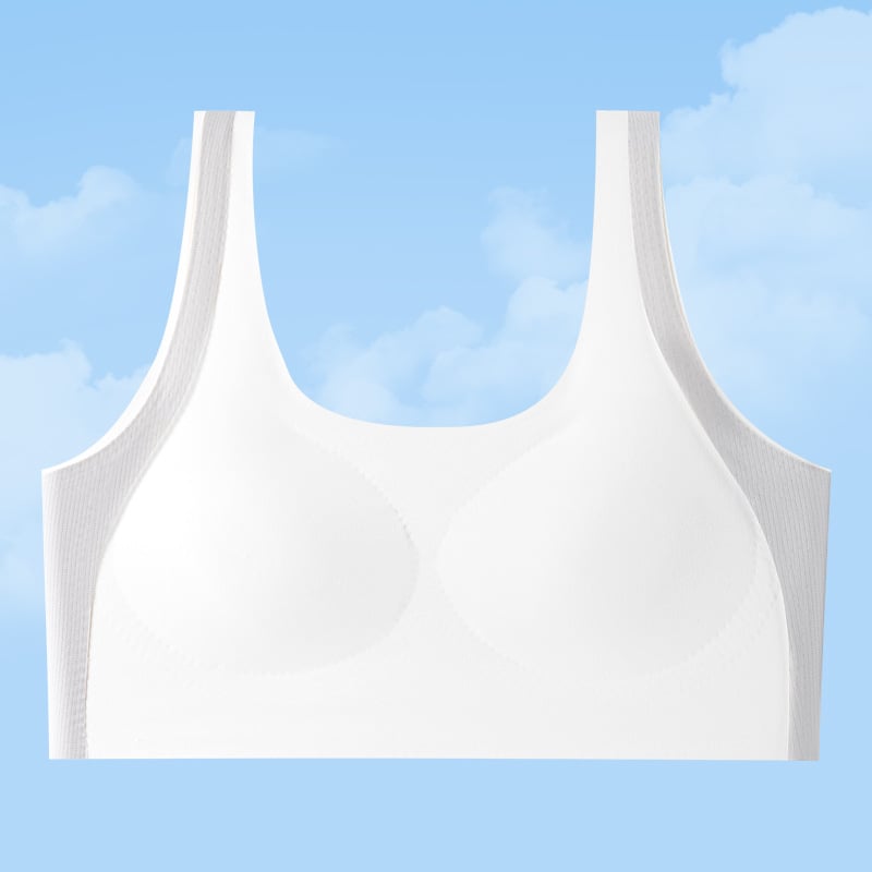 Mergaitėms augimo etapo sportinis liemenėlė be vielos, pilno puodelio, plonas formuojantis putų puodelis, nailono audinys su spandekso pamušalu, fiksuoti dvigubi petukai, kvėpuojantis ir drėgmę sugeriantis