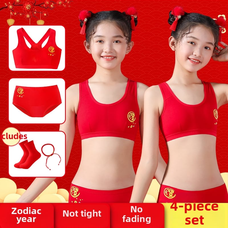 Pamutból készült lányoknak készült melltartó-alsó készlet, karikatúra stílus, 7–12 éveseknek, 90–95% pamut, Y-öv, kupa nélküli