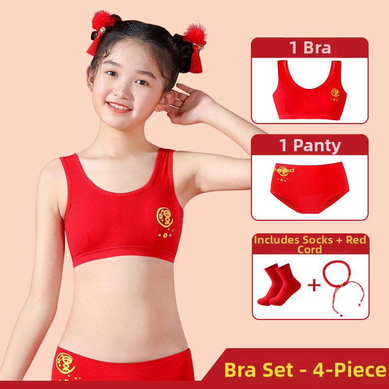 Pamutból készült lányoknak készült melltartó-alsó készlet, karikatúra stílus, 7–12 éveseknek, 90–95% pamut, Y-öv, kupa nélküli