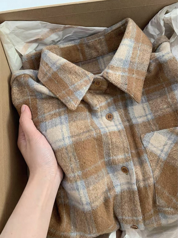 Ženska karirana košulja-jakna, široka ležerna silueta, dugi rukavi, Polo ovratnik, jednostruko kopčanje, elegantan gradski stil, jesen 2025