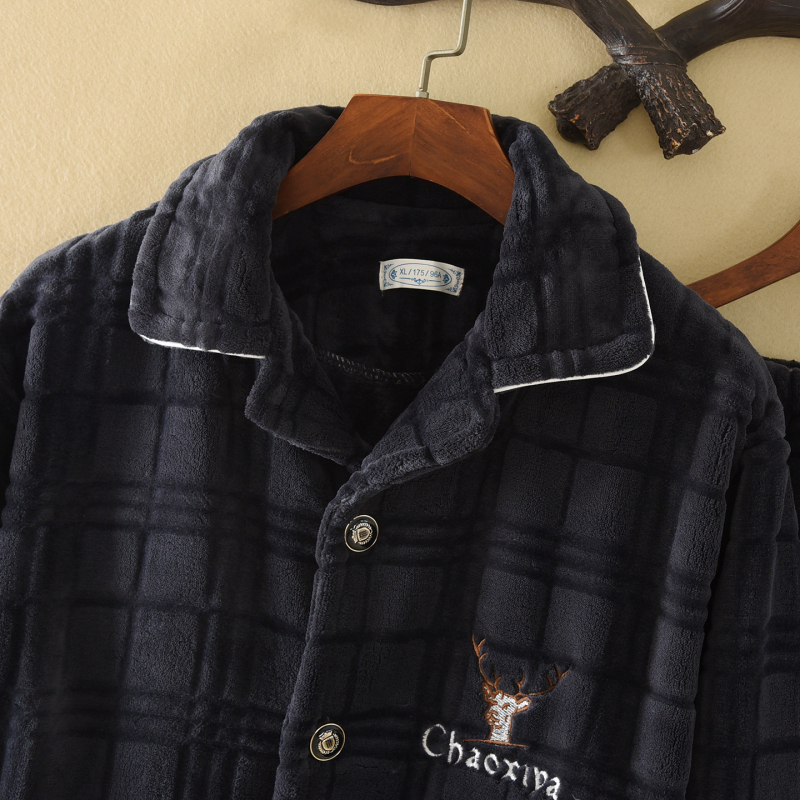 Set de pijamale cu guler rever, din catifea de flanel, 100% poliester, țesătură extra groasă 351–400 g/m², mâneci lungi