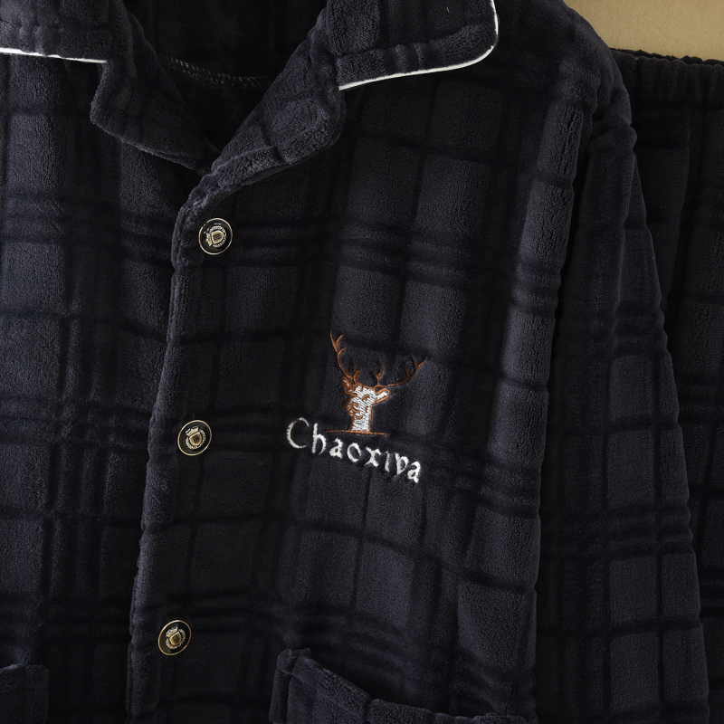 Set de pijamale cu guler rever, din catifea de flanel, 100% poliester, țesătură extra groasă 351–400 g/m², mâneci lungi