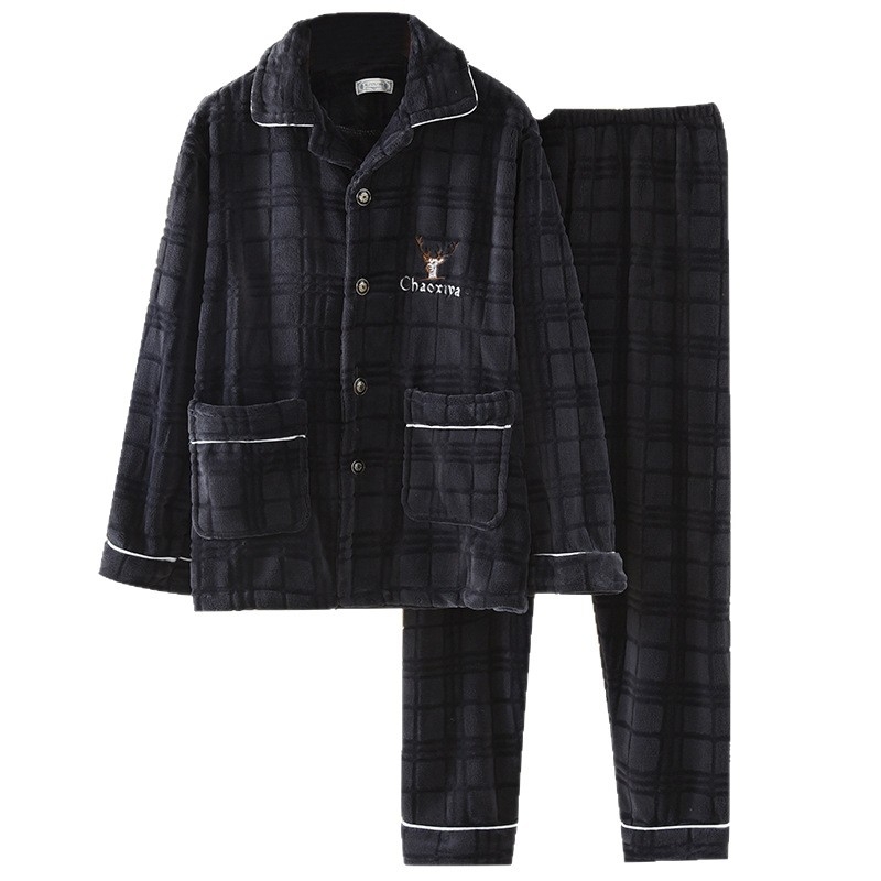 Set de pijamale cu guler rever, din catifea de flanel, 100% poliester, țesătură extra groasă 351–400 g/m², mâneci lungi