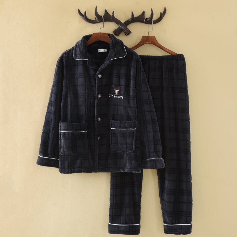 Set de pijamale cu guler rever, din catifea de flanel, 100% poliester, țesătură extra groasă 351–400 g/m², mâneci lungi