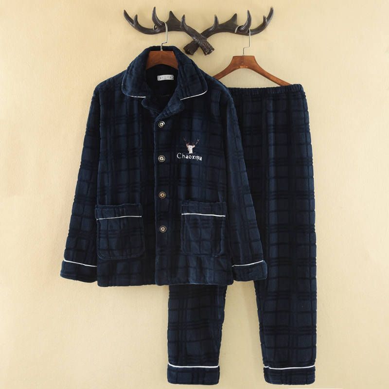 Set de pijamale cu guler rever, din catifea de flanel, 100% poliester, țesătură extra groasă 351–400 g/m², mâneci lungi