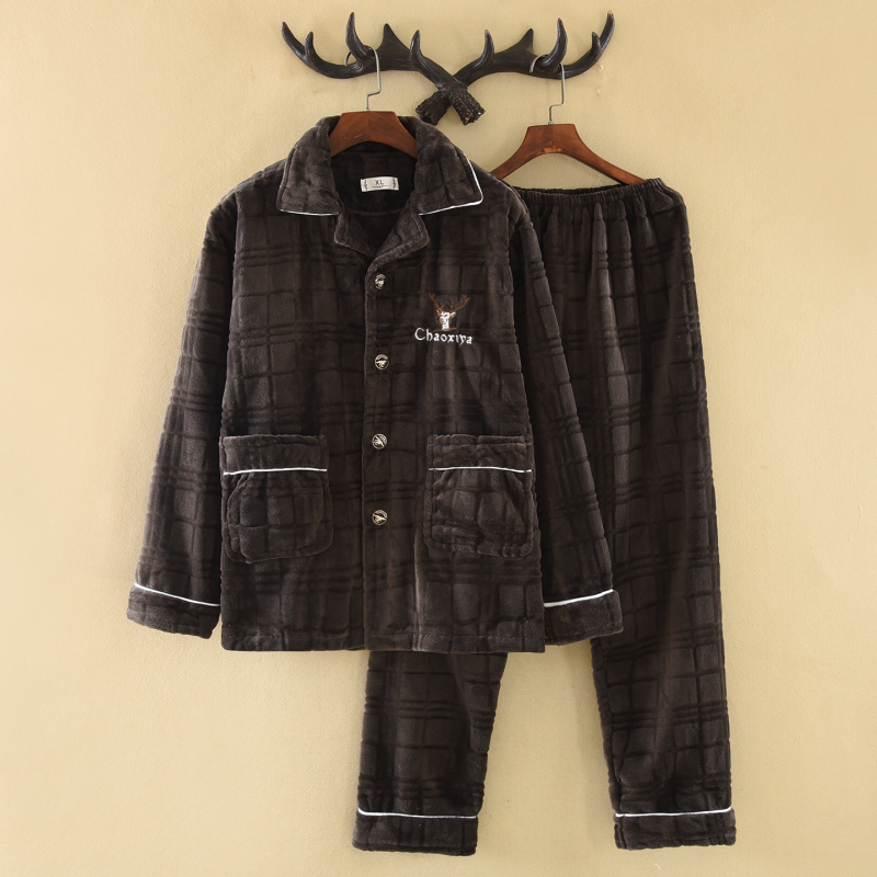 Set de pijamale cu guler rever, din catifea de flanel, 100% poliester, țesătură extra groasă 351–400 g/m², mâneci lungi