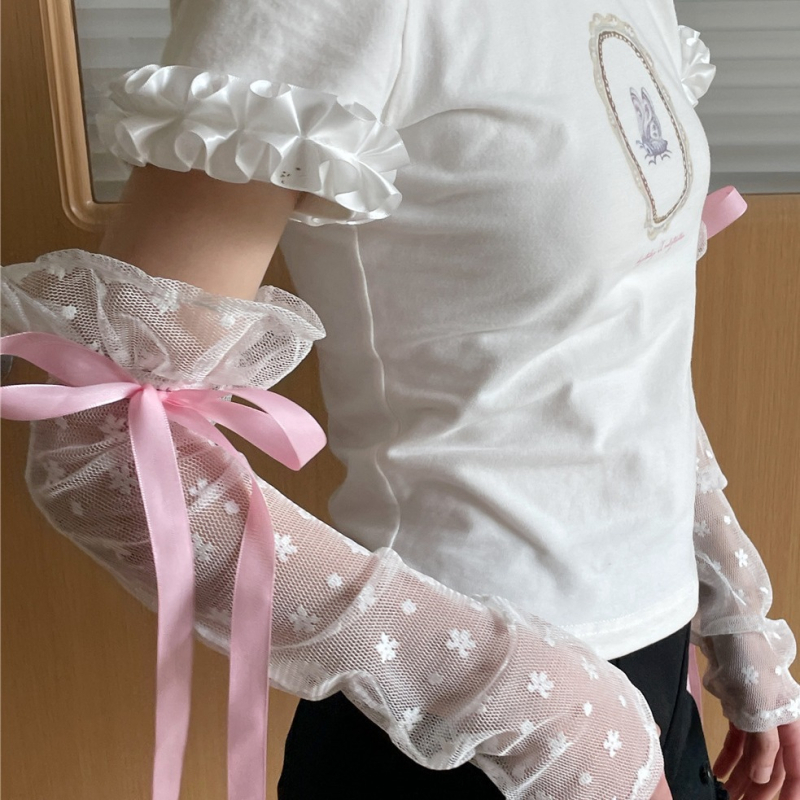 Oversleeves csipke és chiffon részletekkel, virágos szalag, napvédő, Nylon, 50–70% fő anyag, PATTKIN, Tavasz-Nyár 2023