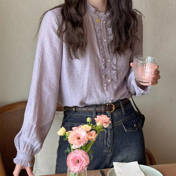Poliészter ing, japán-koreai lazább stílus, kerek nyak, hosszú ujjú, egy soros gombos elülső
