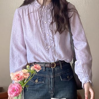 Poliészter ing, japán-koreai lazább stílus, kerek nyak, hosszú ujjú, egy soros gombos elülső