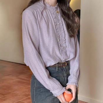 Poliészter ing, japán-koreai lazább stílus, kerek nyak, hosszú ujjú, egy soros gombos elülső