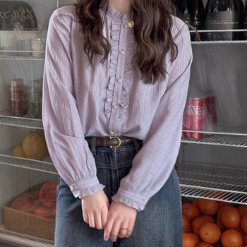 Poliészter ing, japán-koreai lazább stílus, kerek nyak, hosszú ujjú, egy soros gombos elülső