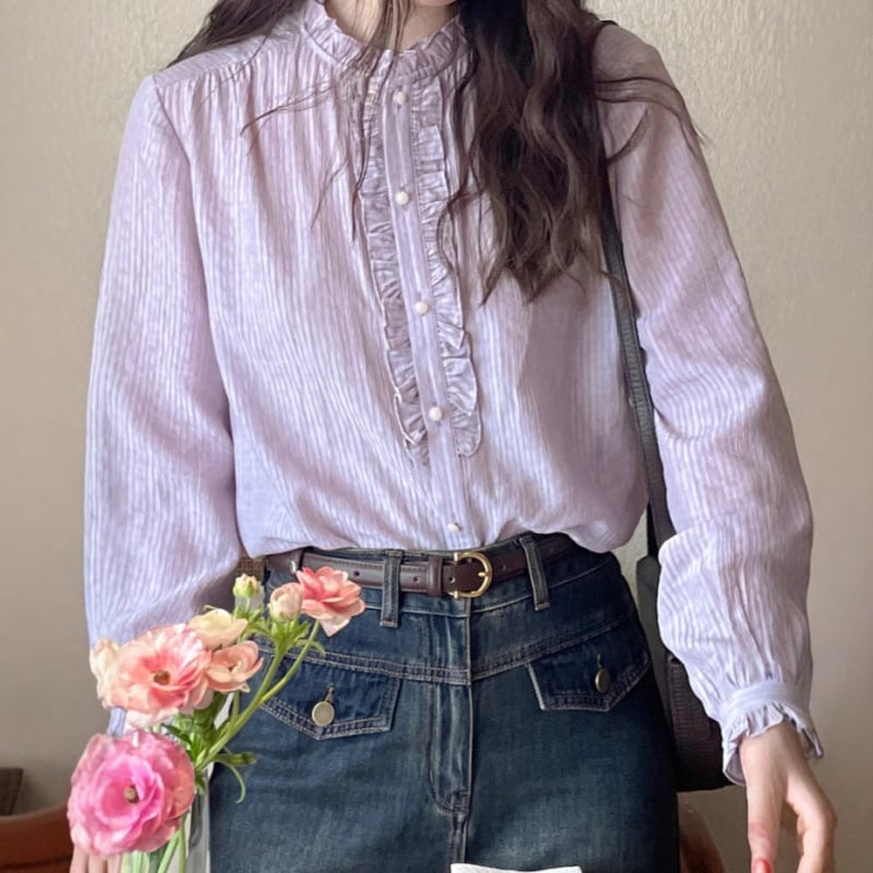 Poliészter ing, japán-koreai lazább stílus, kerek nyak, hosszú ujjú, egy soros gombos elülső