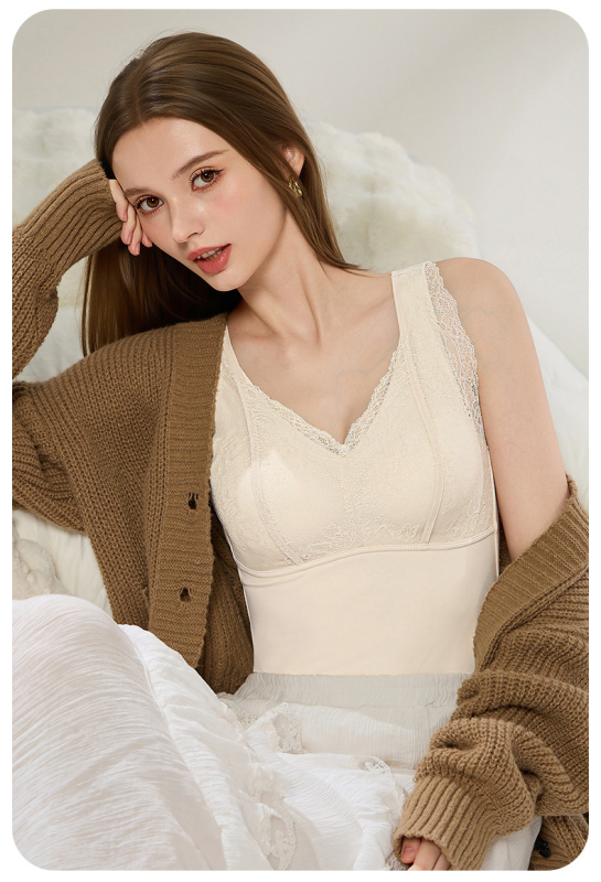 Vesta termică de toamnă-iarnă din dantelă cu Aloe Vera, cu pernă pentru sân, decolteu în V, construcție cu un singur strat, căptușeală velur, protecție pentru spate, antibacterian, păstrează căldura