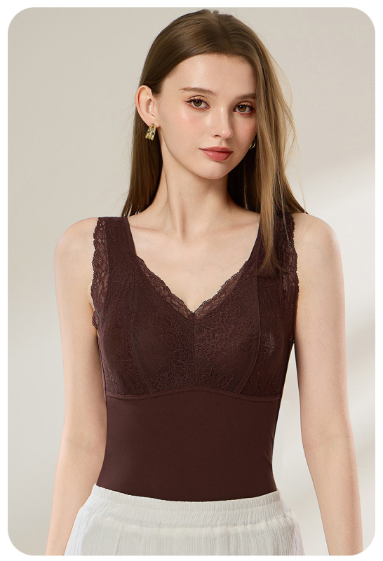 Vesta termică de toamnă-iarnă din dantelă cu Aloe Vera, cu pernă pentru sân, decolteu în V, construcție cu un singur strat, căptușeală velur, protecție pentru spate, antibacterian, păstrează căldura