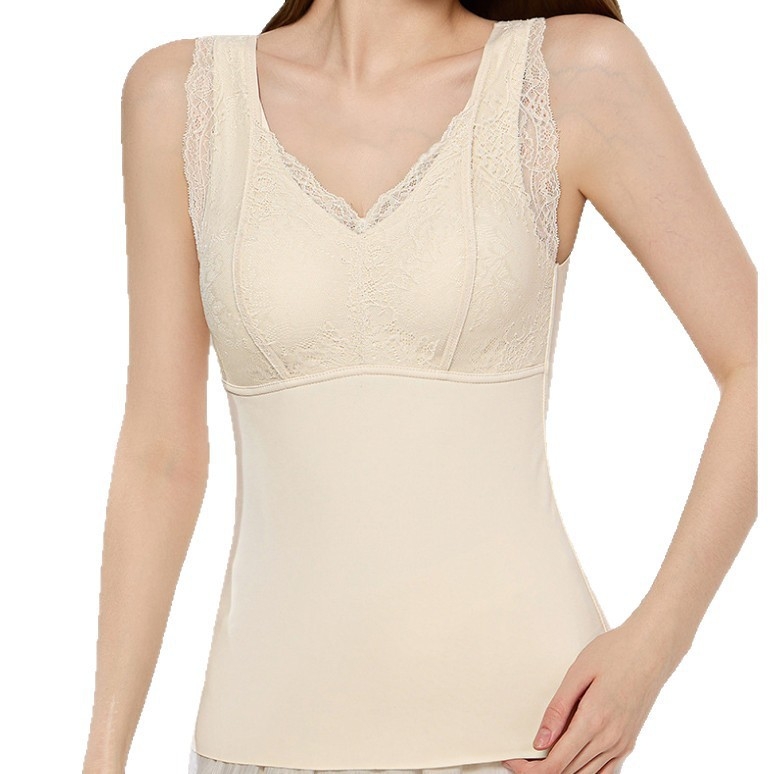 Vesta termică de toamnă-iarnă din dantelă cu Aloe Vera, cu pernă pentru sân, decolteu în V, construcție cu un singur strat, căptușeală velur, protecție pentru spate, antibacterian, păstrează căldura