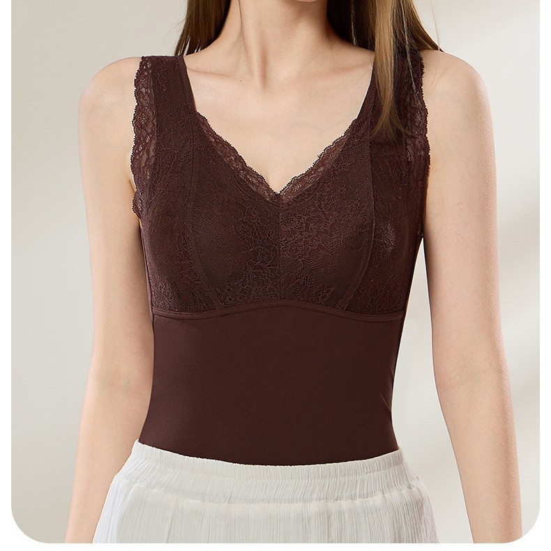 Vesta termică de toamnă-iarnă din dantelă cu Aloe Vera, cu pernă pentru sân, decolteu în V, construcție cu un singur strat, căptușeală velur, protecție pentru spate, antibacterian, păstrează căldura