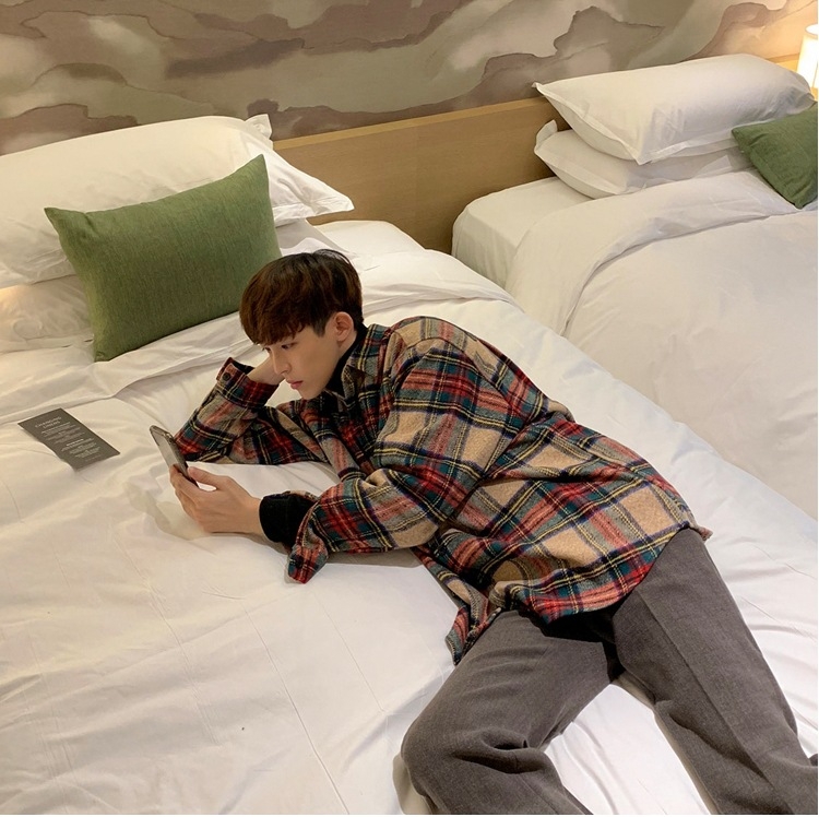 Cămașă în carouri, stil coreean, croială lejeră, mânecă lungă, guler cu rever, 70% bumbac 30% poliester