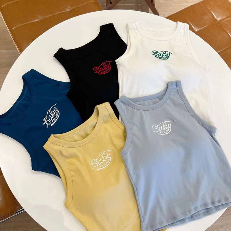 Top din bumbac în stil coreean, I, cu pernă pentru bust și litere brodate, lungime scurtă, croială regulată