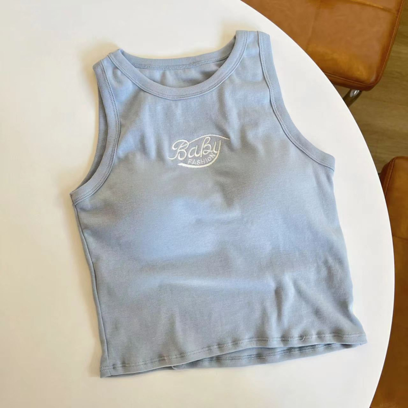 Top din bumbac în stil coreean, I, cu pernă pentru bust și litere brodate, lungime scurtă, croială regulată