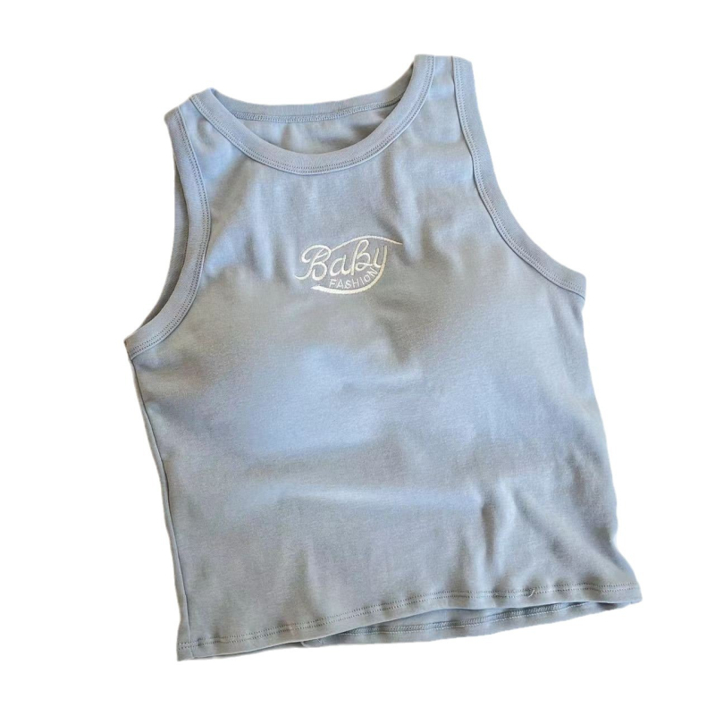 Top din bumbac în stil coreean, I, cu pernă pentru bust și litere brodate, lungime scurtă, croială regulată