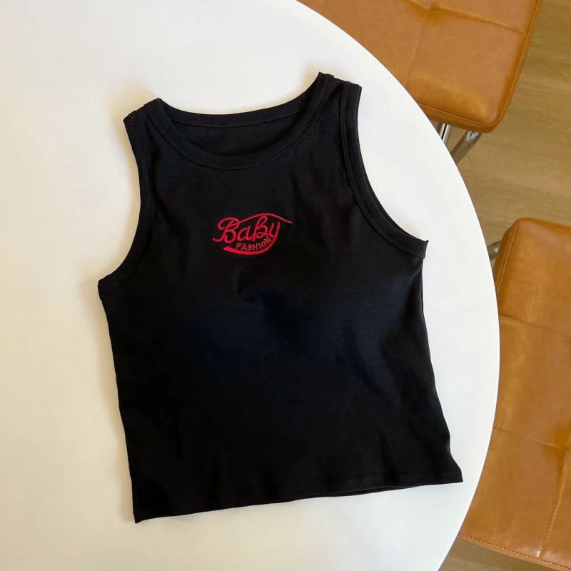 Top din bumbac în stil coreean, I, cu pernă pentru bust și litere brodate, lungime scurtă, croială regulată