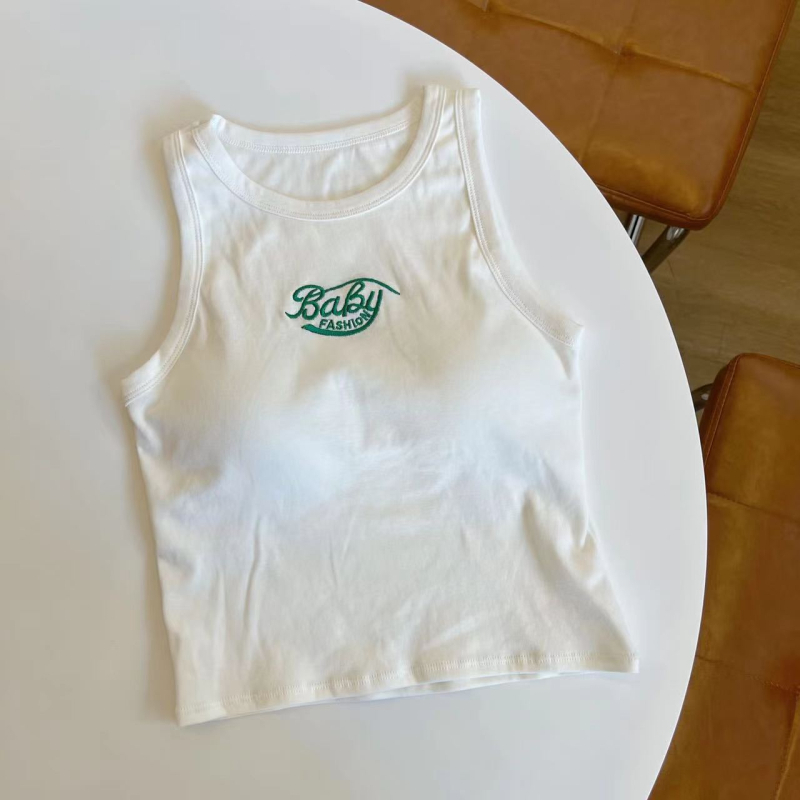 Top din bumbac în stil coreean, I, cu pernă pentru bust și litere brodate, lungime scurtă, croială regulată