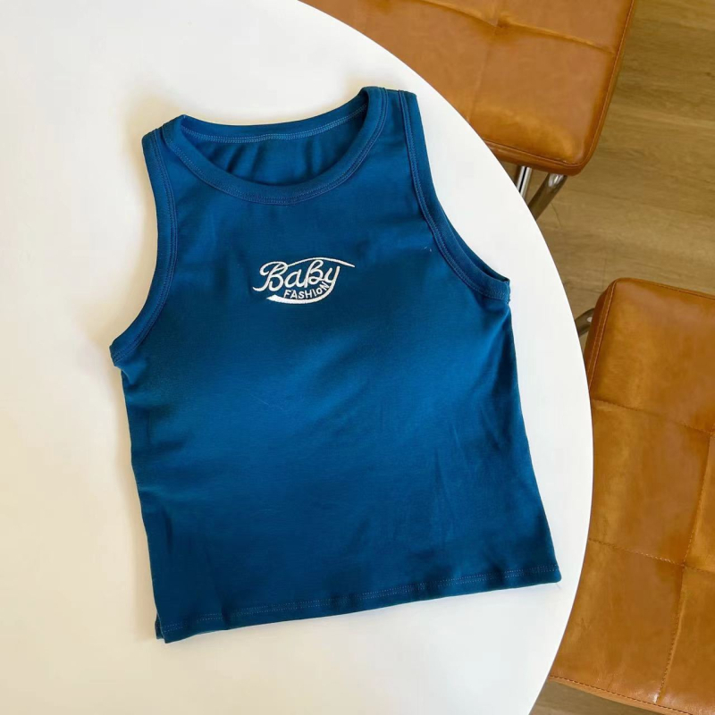 Top din bumbac în stil coreean, I, cu pernă pentru bust și litere brodate, lungime scurtă, croială regulată