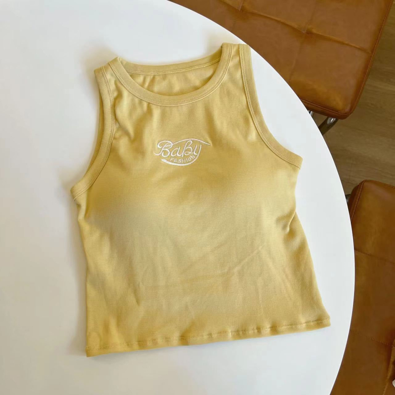 Top din bumbac în stil coreean, I, cu pernă pentru bust și litere brodate, lungime scurtă, croială regulată