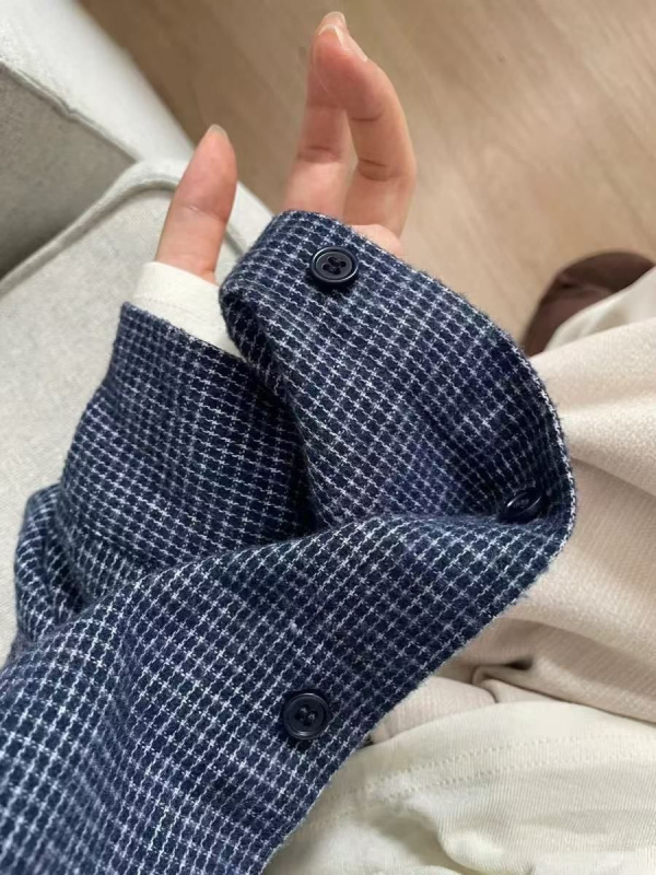 Korejskog stila košulj-jakna s kariranim uzorkom, poliester, brušena površina, širok kroj