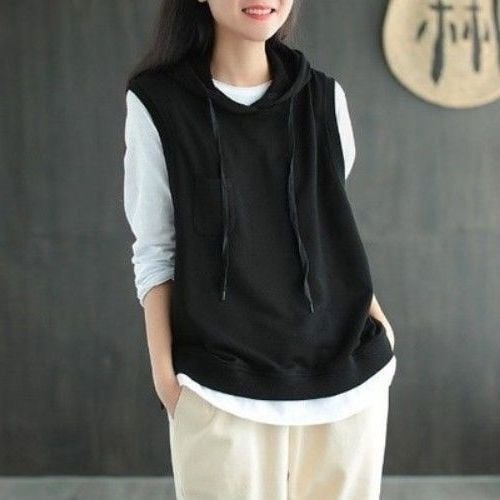 Vestă din bumbac cu glugă pentru femei, croială lejeră, fără mâneci, stil pulover, amestec bumbac-elastan