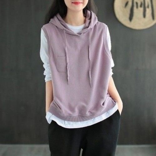 Vestă din bumbac cu glugă pentru femei, croială lejeră, fără mâneci, stil pulover, amestec bumbac-elastan