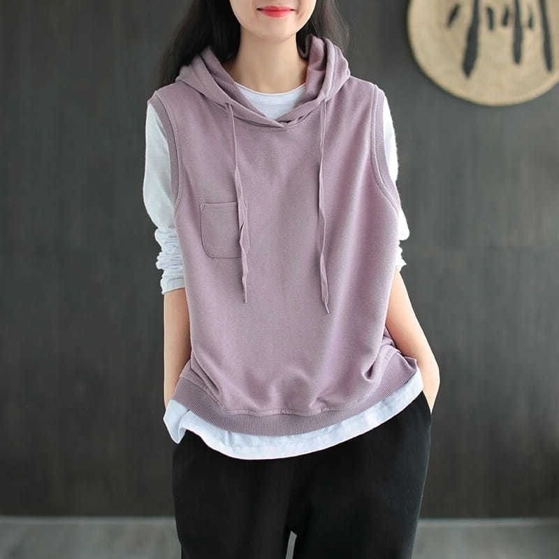 Vestă din bumbac cu glugă pentru femei, croială lejeră, fără mâneci, stil pulover, amestec bumbac-elastan