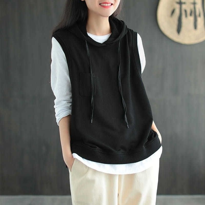 Vestă din bumbac cu glugă pentru femei, croială lejeră, fără mâneci, stil pulover, amestec bumbac-elastan