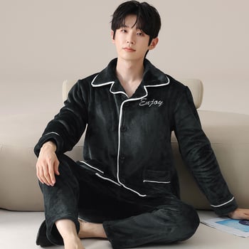 Pijamale bărbați din flanel, groase, stil cardigan cu guler, mâneci lungi, calde pentru casă și pentru purtare în exterior