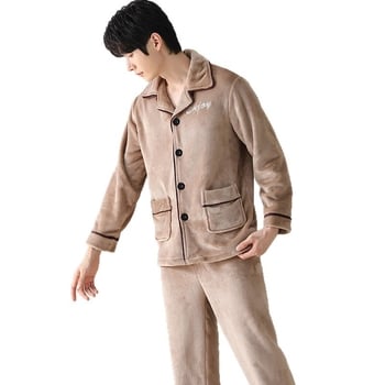 Pijamale bărbați din flanel, groase, stil cardigan cu guler, mâneci lungi, calde pentru casă și pentru purtare în exterior