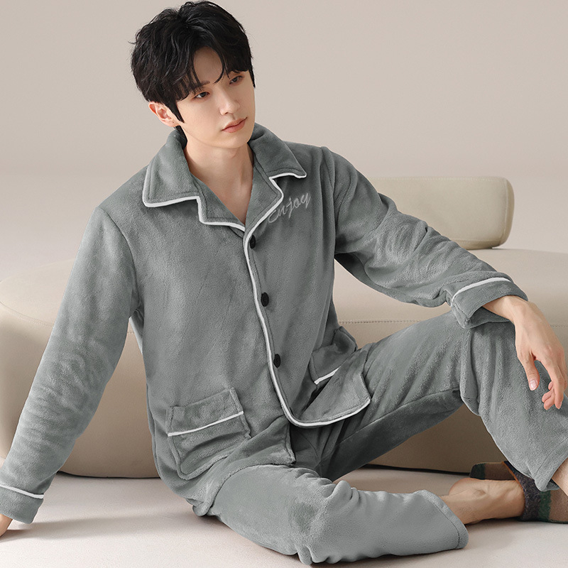 Pijamale bărbați din flanel, groase, stil cardigan cu guler, mâneci lungi, calde pentru casă și pentru purtare în exterior