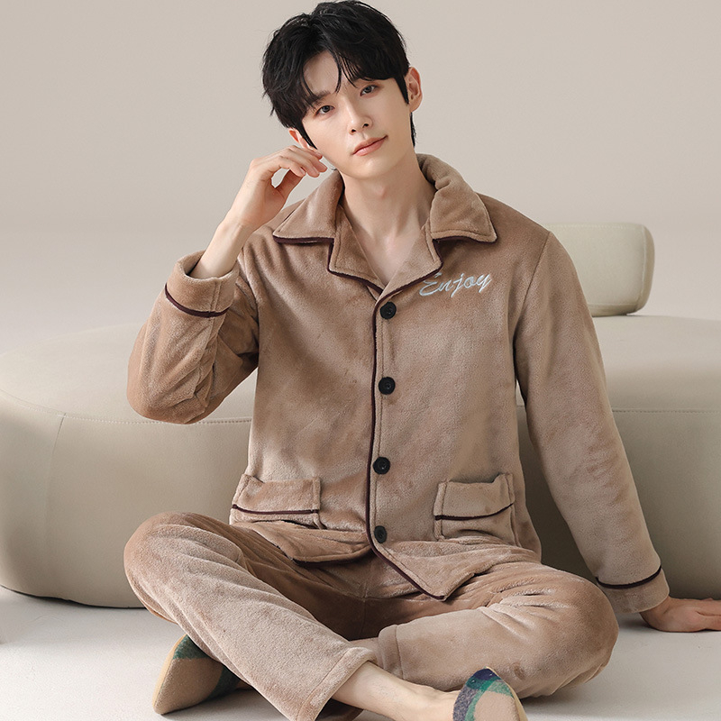 Pijamale bărbați din flanel, groase, stil cardigan cu guler, mâneci lungi, calde pentru casă și pentru purtare în exterior