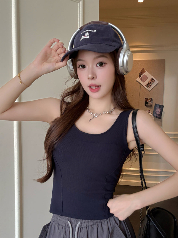 Vesta cu guler în formă U, textil termic periat, Slim Fit, lungime scurtă 40-50 cm, model solid, bumbac 50-70%