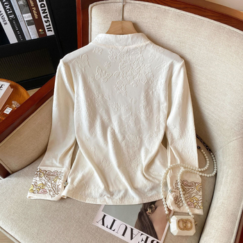 Cămașă cu guler înalt, țesătură jacquard și broderie, model geometric, mâneci lungi