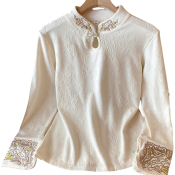 Cămașă cu guler înalt, țesătură jacquard și broderie, model geometric, mâneci lungi