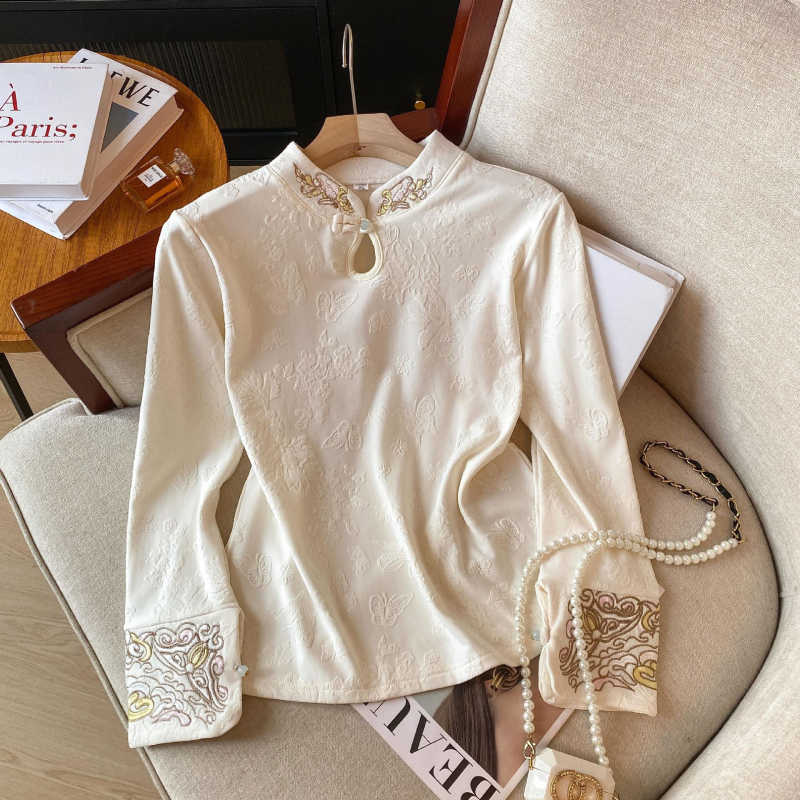 Cămașă cu guler înalt, țesătură jacquard și broderie, model geometric, mâneci lungi