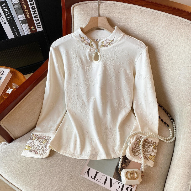 Cămașă cu guler înalt, țesătură jacquard și broderie, model geometric, mâneci lungi