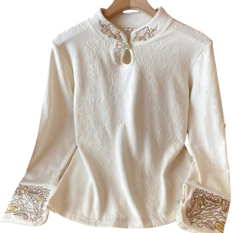 Cămașă cu guler înalt, țesătură jacquard și broderie, model geometric, mâneci lungi