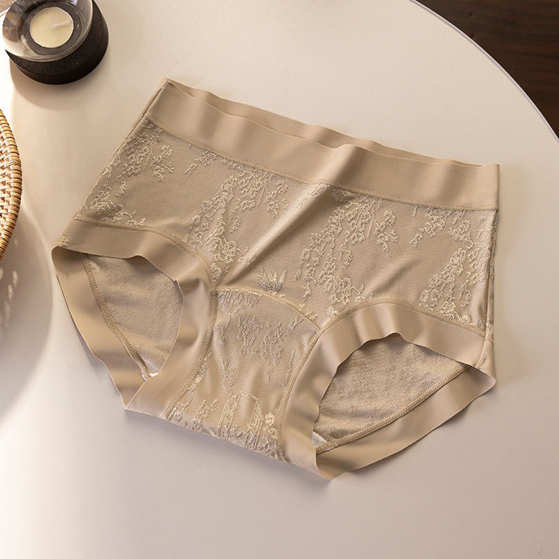 Ženske donje gaćice sa srednjim pojasom i jacquard izvezenim uzorkom - najlon glavna tkanina, pamukova podstava, cvjetni uzorak, prozračnost i antibakterijska svojstva